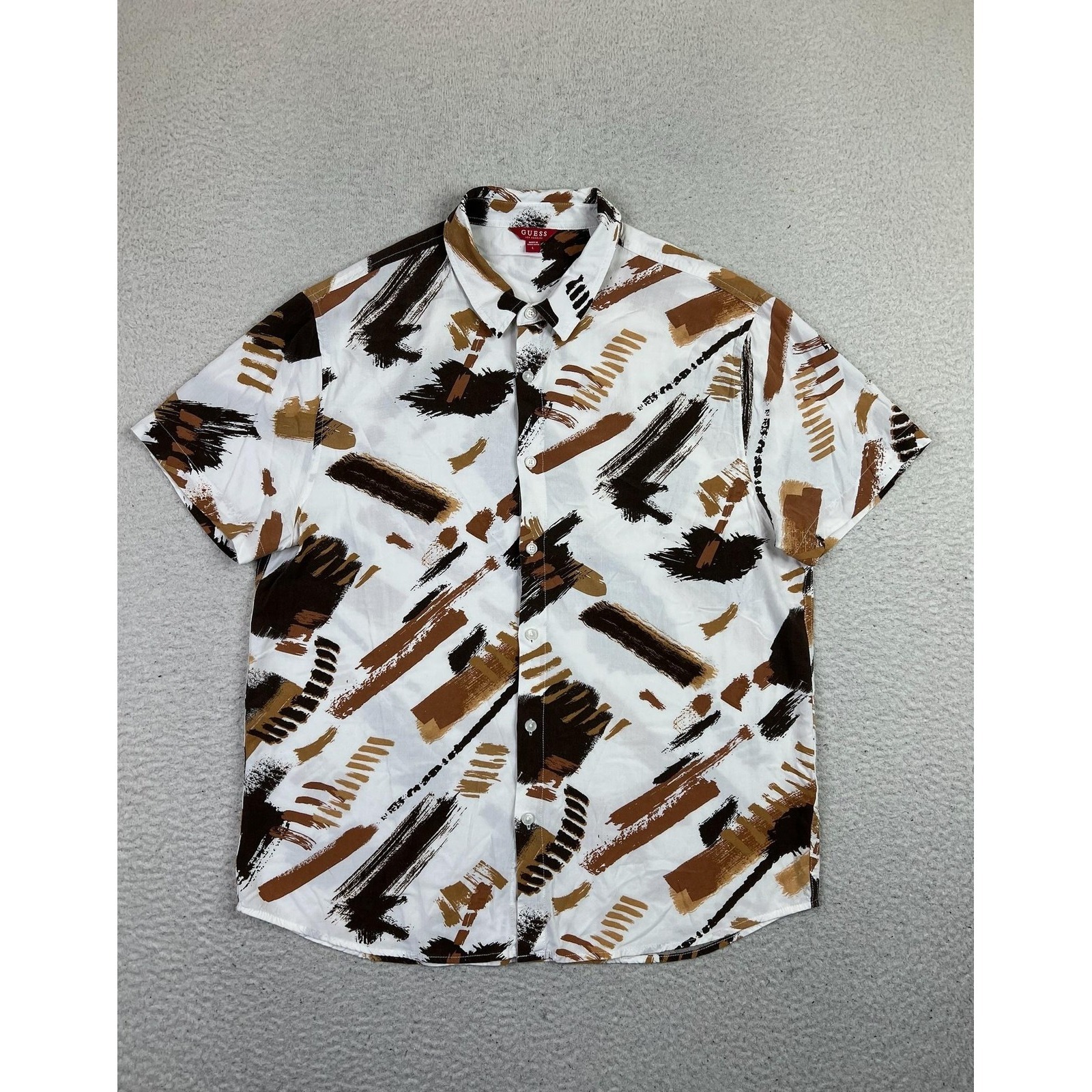Guess Shirt Mens Large White Brown Abstract Print Ss Button Up Geometric